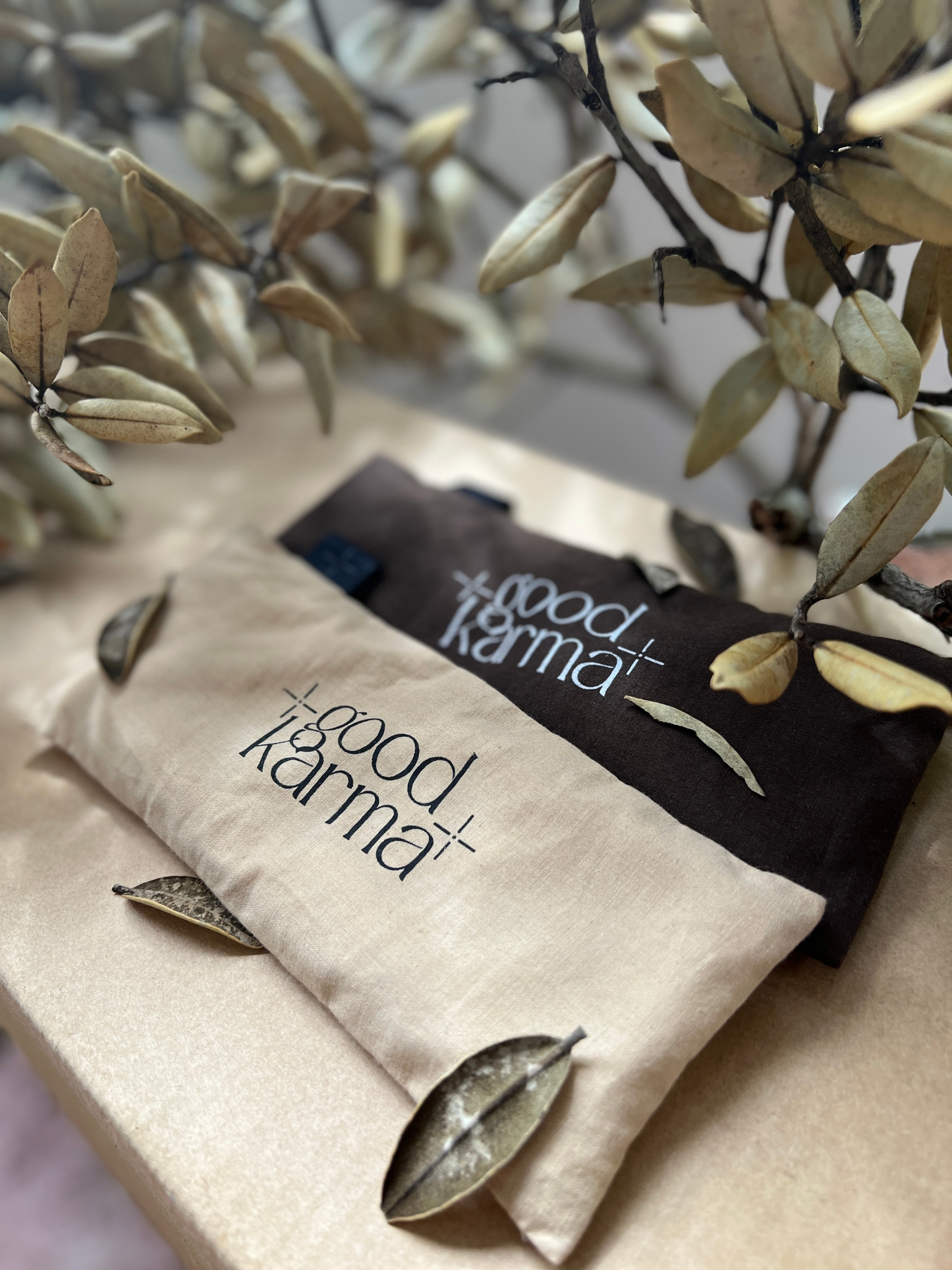 Good Karma organic flax and lavender eye pillows for meditation and relaxation Eye pillow for yoga and meditation set of two beige and dark brown color