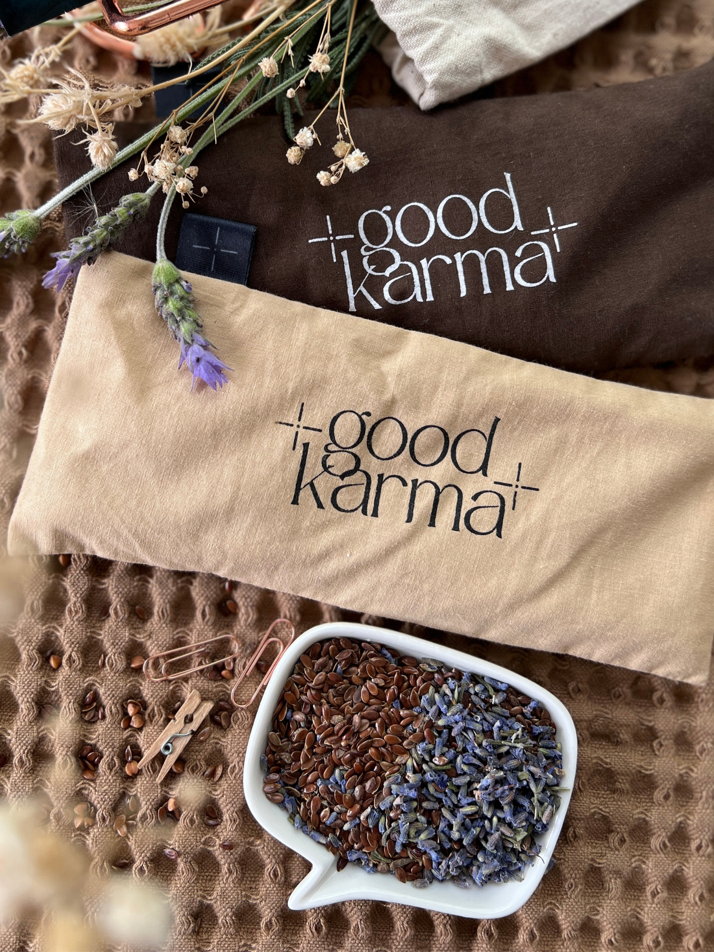 Good Karma organic flax and lavender eye pillows for meditation and relaxation 3 colors - sand beige dark chocolate brown with flaxseeds and dry lavender buds