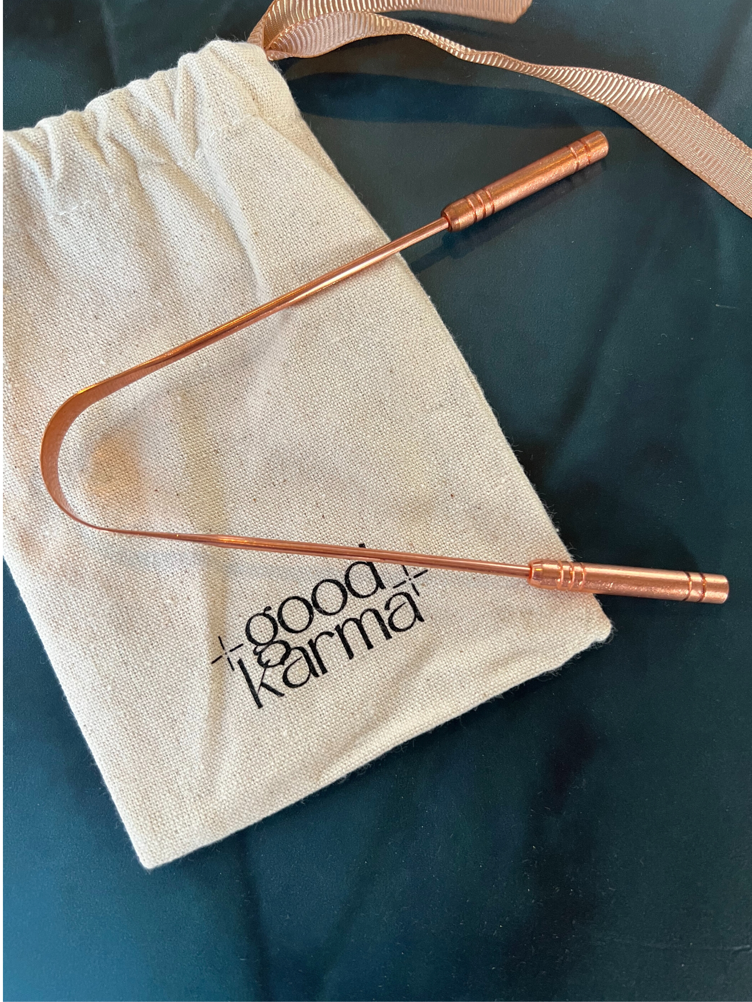 Good Karma Ayurvedic Copper Tongue Scraper Cleaner for Oral health with linen bad