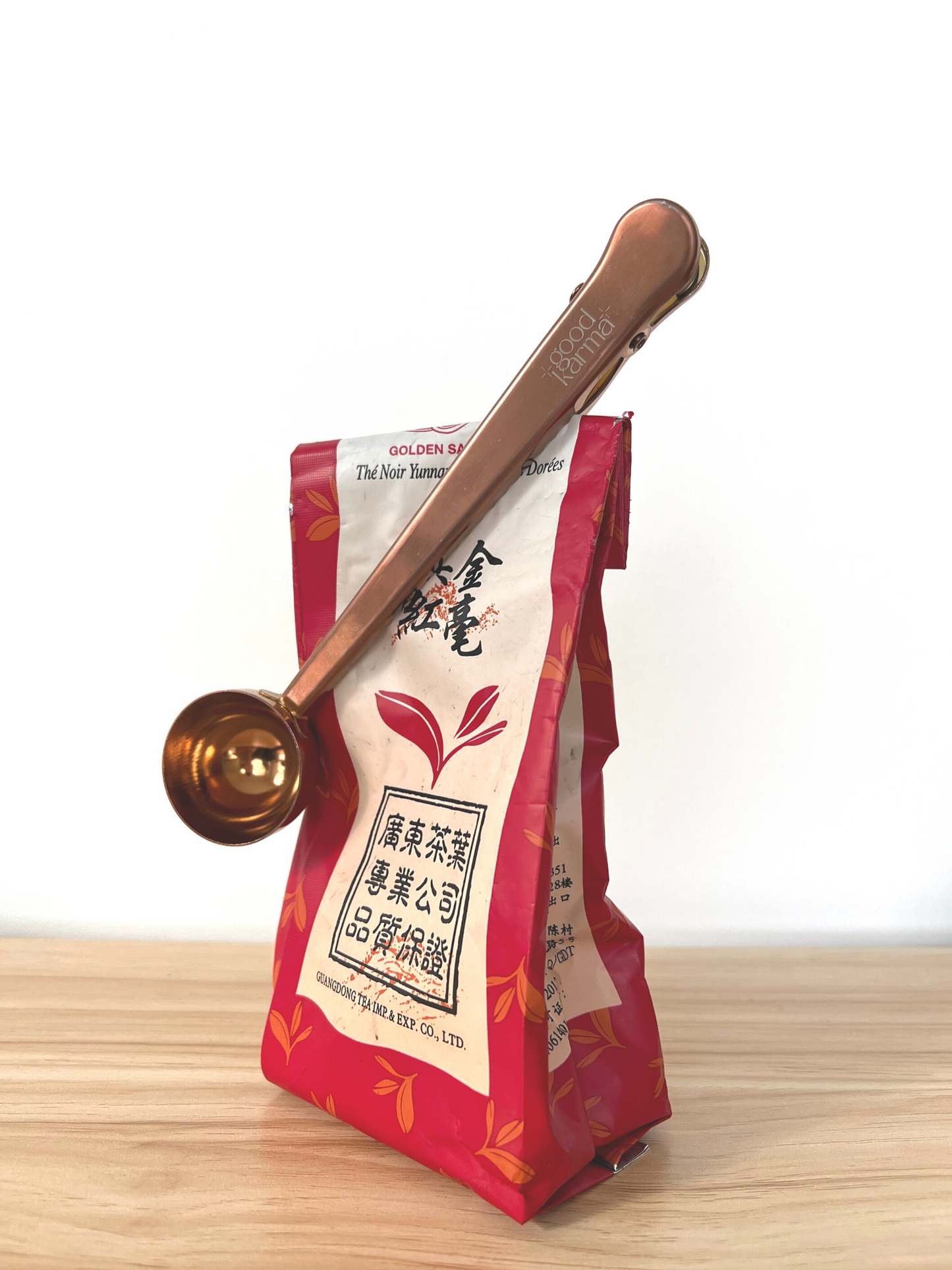 Good Karma Measuring Spoon Scoop With a Clip Stainless Steal Copper Color on Tea Bag