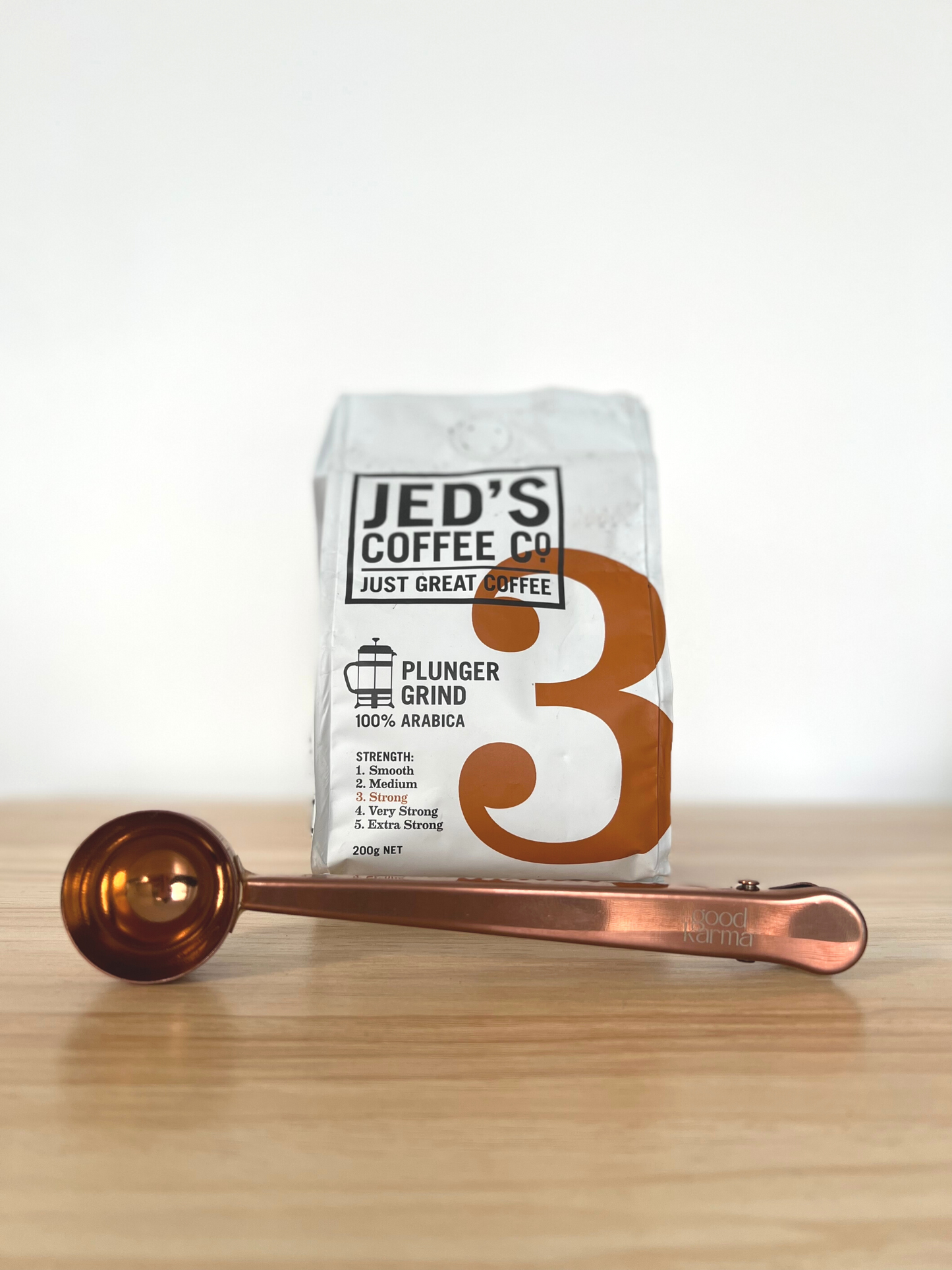 Good Karma Measuring Spoon With a Clip Stainless Steal Copper Color with Jed's Coffee Pack