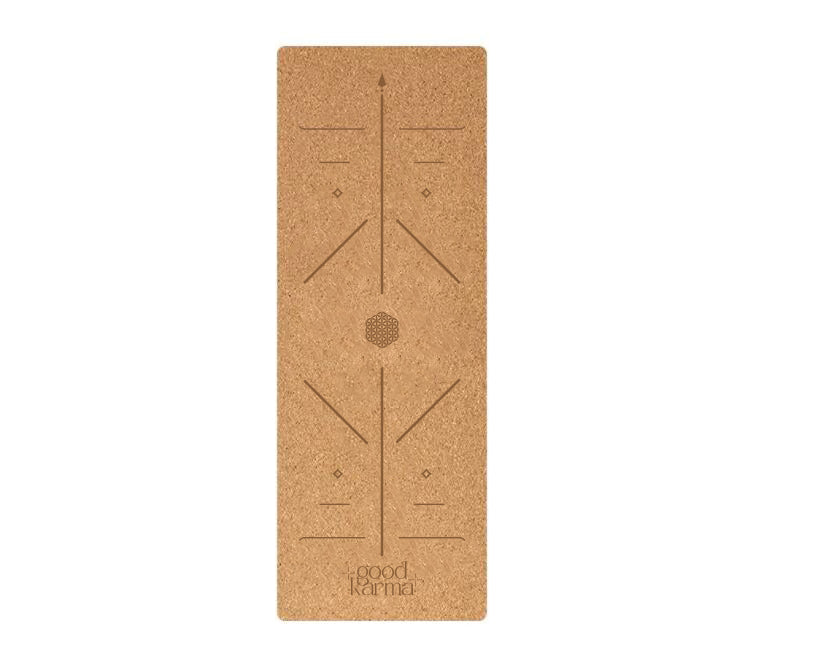 Cork Rubber Yoga Mat by Good Karma with body alinement 183 cm long white background