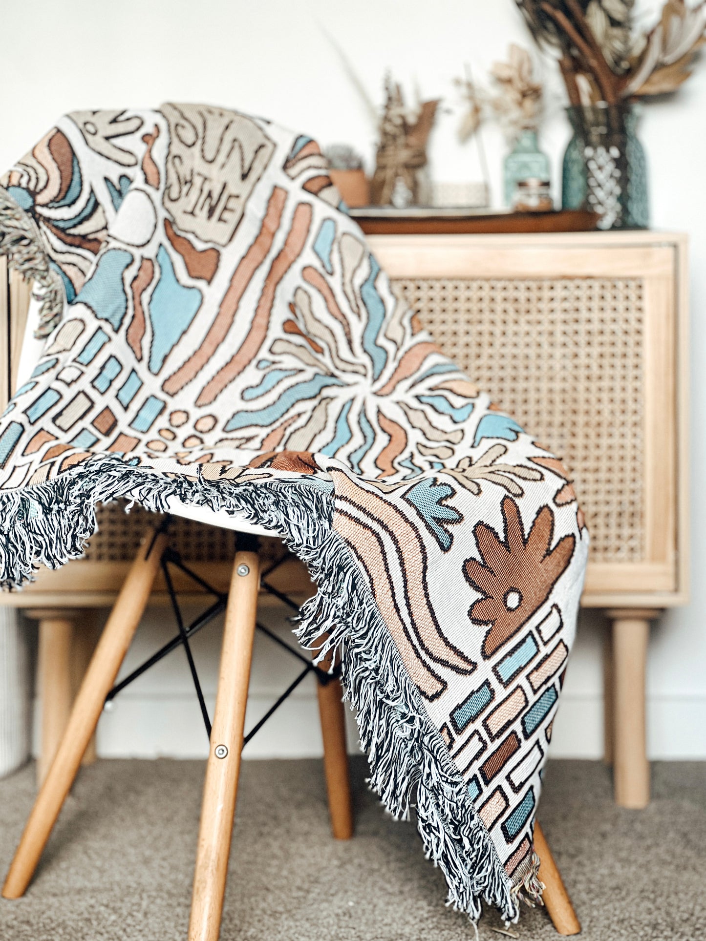 Colorful pattern gypsy style hippie style Woven Boho Quilt Colorful Bohemian Tapestries with tassels on stool chair