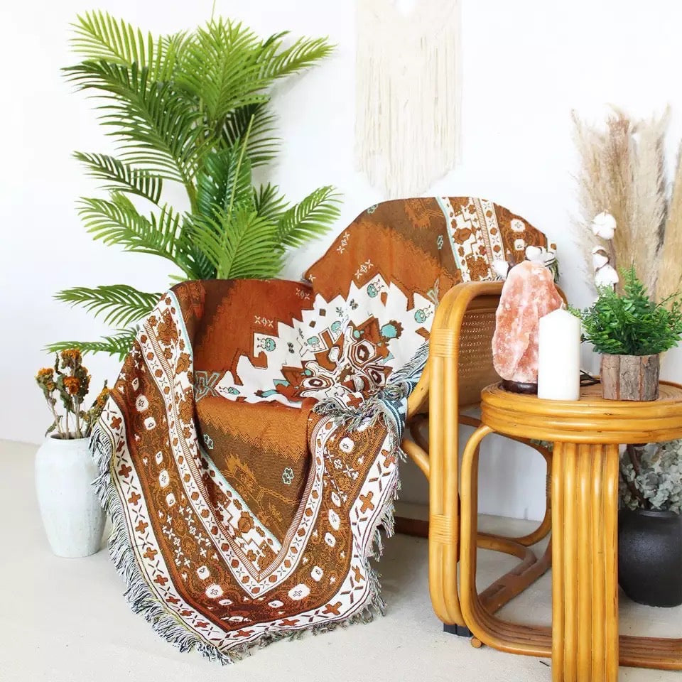 Moroccan pattern Woven Boho Throw Colorful Bohemian Tapestries with tassels Boho blanket covering rattan stool