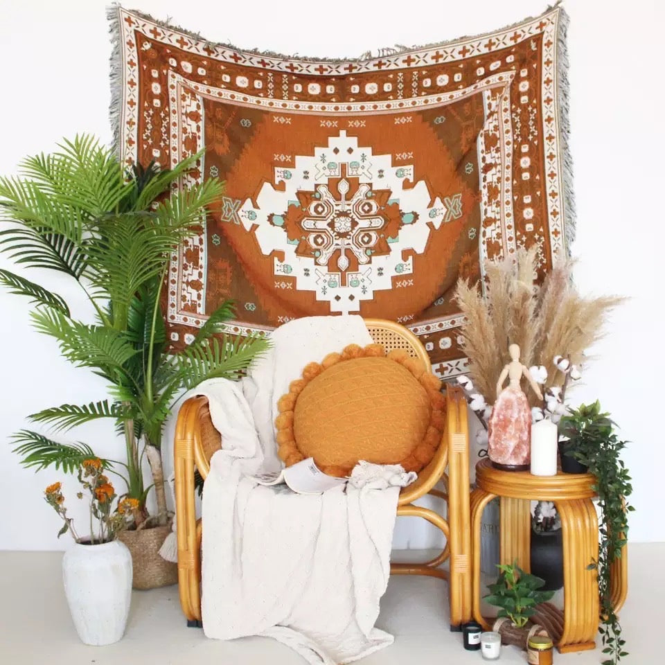 Morocan pattern Woven Boho Throw Colorful Bohemian Tapestries with tassels Boho blanket on white wall like a decorative art boho tapestries