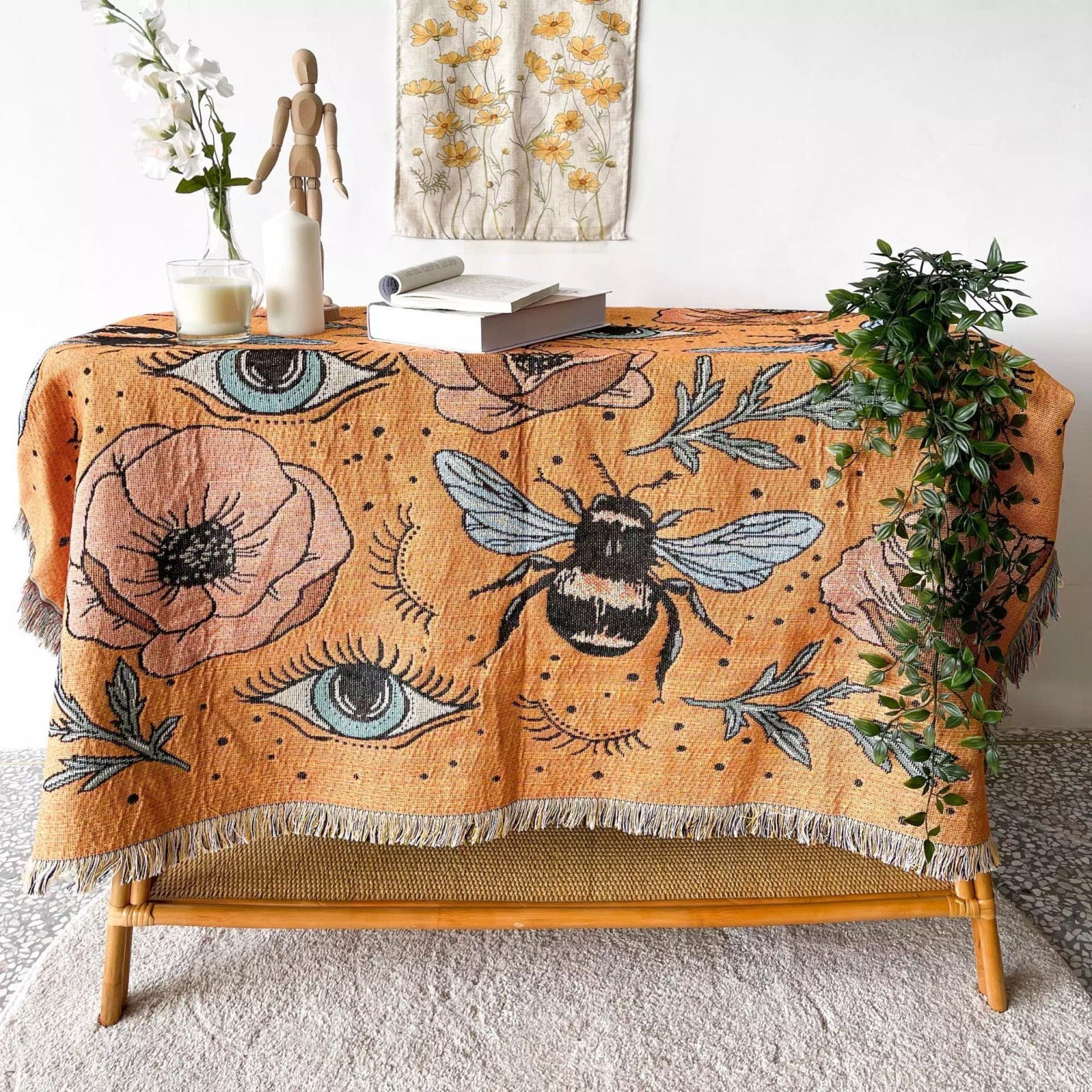 Woven Bohemian Quilt with Colorful Bess and Flowers pattern Large boho tapestry with tassels, on the corner Boho Quilt Colorful Bohemian Tapestries with tassels covering rattan tall boy