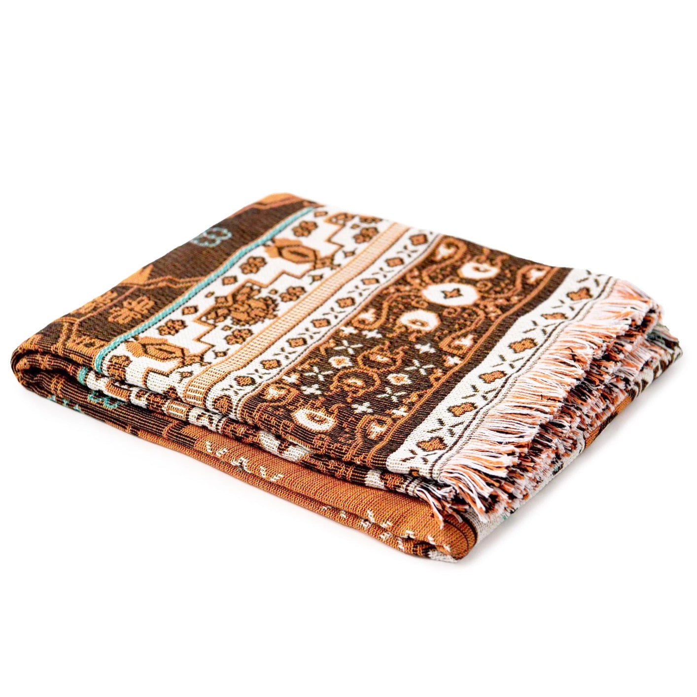 Woven Bohemian Quilt with Colorful Moroccan pattern Large boho tapestry with tassels, on the corner Boho Quilt Colorful Bohemian Tapestries with tassels folded