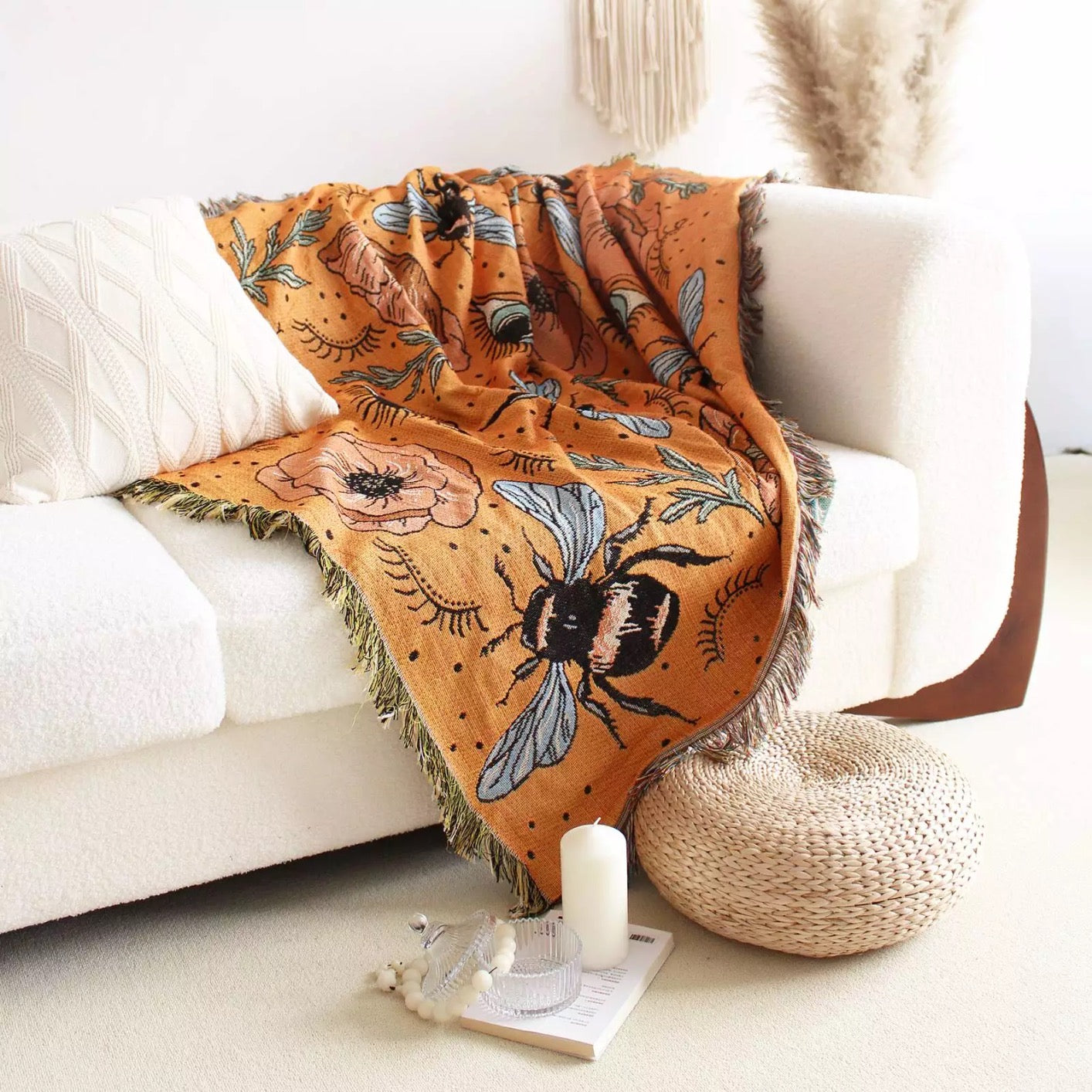 Woven Bohemian Quilt with Colorful Bees and flowers pattern Large boho tapestry with tassels on the corner Orange color Boho Quilt Colorful Bohemian Tapestries with tassels on the corner of the sofa