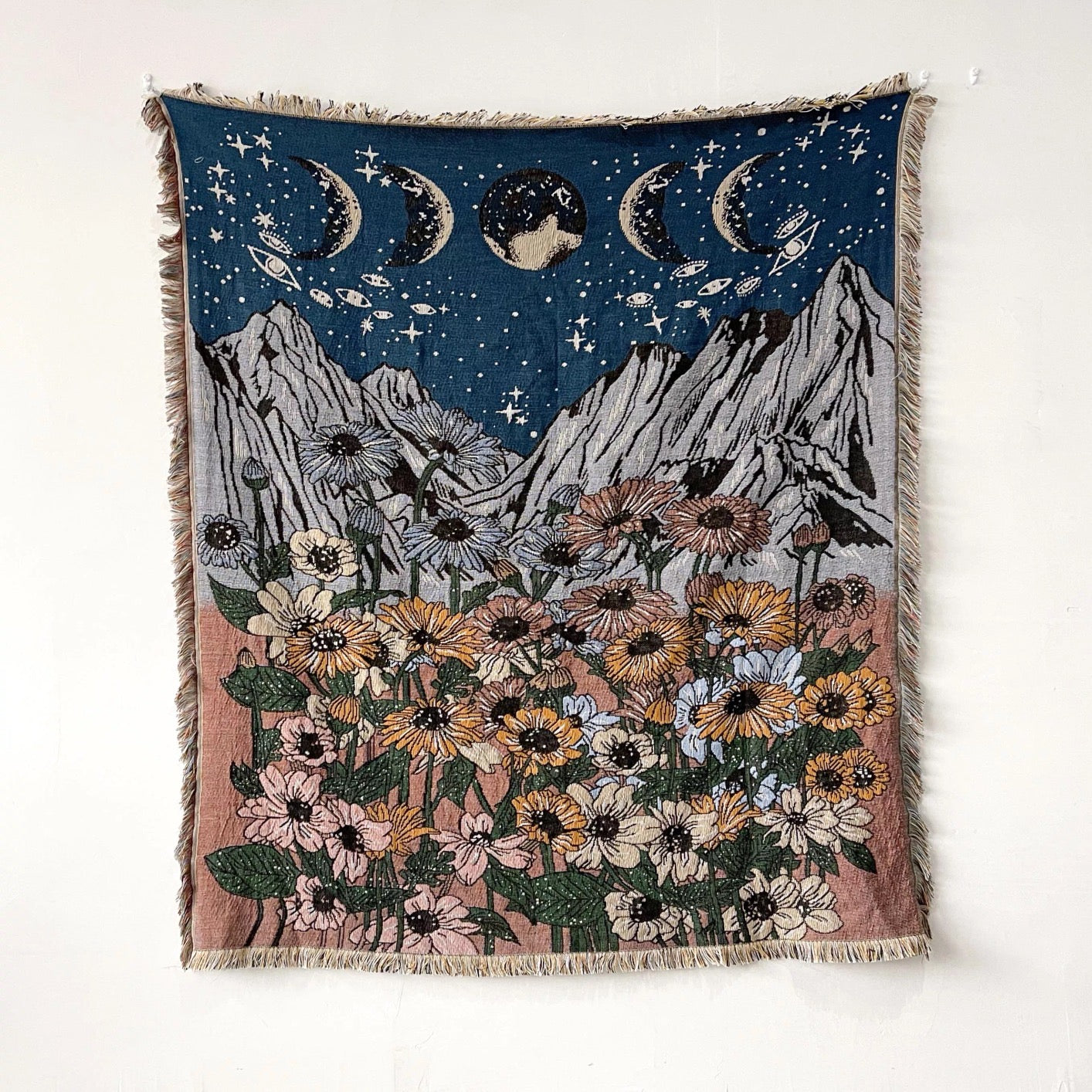bohemian woven tapestry use like modern boho bed throw or bohemian throw blanket with tassels for spiritual tapestries and meditation wall hanging and yoga shawl on the white wall