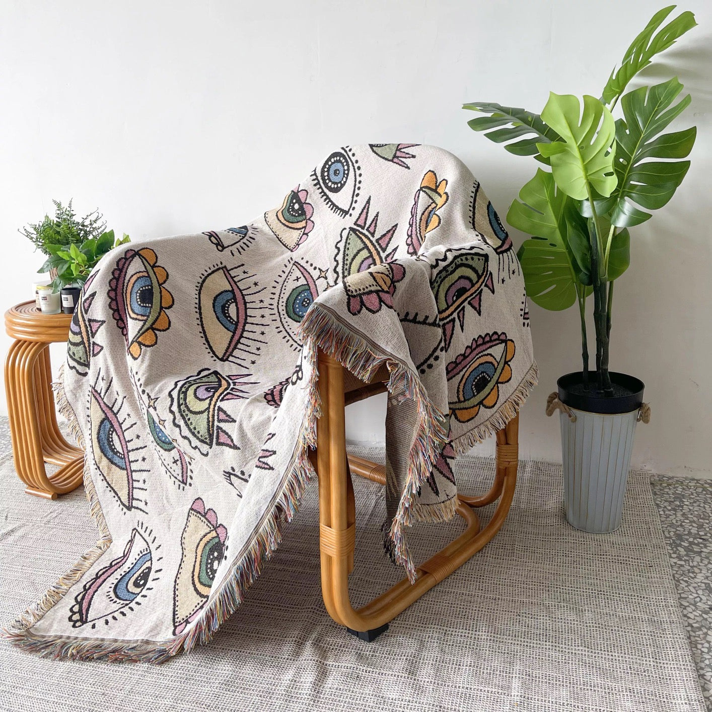 Woven Bohemian Quilt with Colorful Eyes pattern Large boho tapestry with tassels, Boho Quilt Colorful Bohemian Tapestries with tassels on the corner of the bed