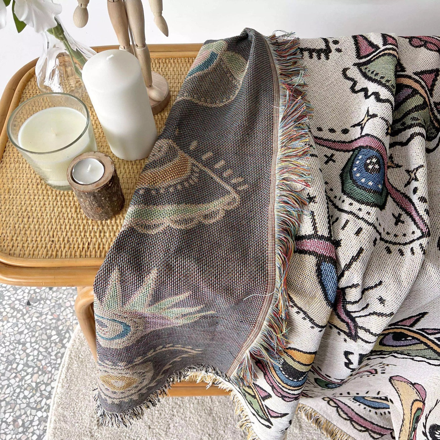 bohemian woven tapestry use like modern boho bed throw or bohemian throw blanket with tassels for spiritual tapestries and meditation wall hanging and yoga shawl thrown on the table