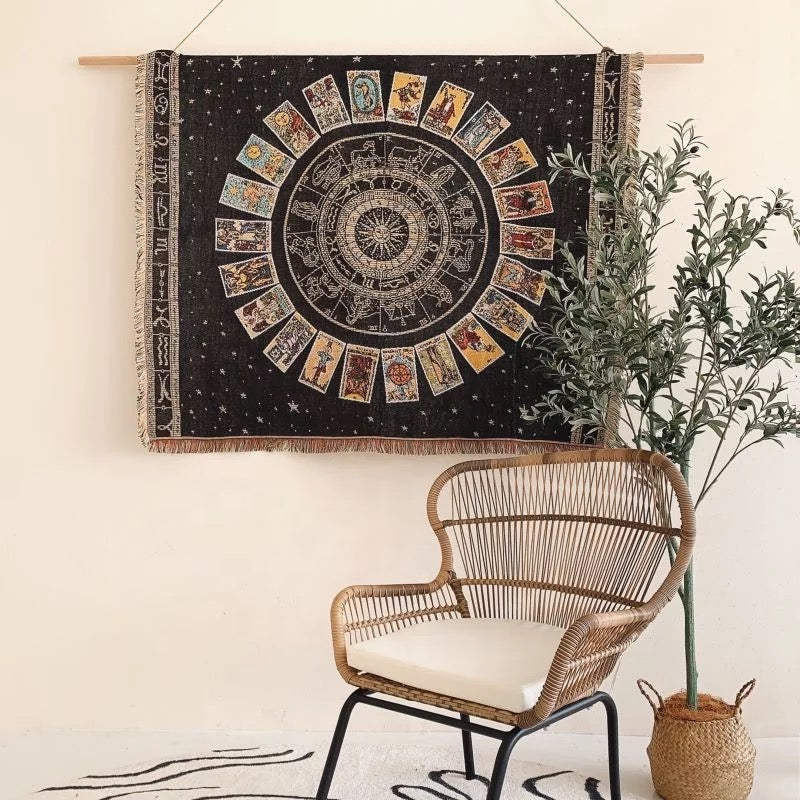 boho throw blanket Black color with tarot cards modern boho throw bohemian blanket with tassels Spiritual Tapestries Yoga Meditation Wall Hanging