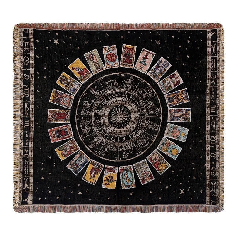 Spiritual Tarot Card pattern with black background Woven Boho Quilt Colorful Bohemian Tapestries with tassels , Boho blanket nz boho throw nz Ideal for home decor, yoga, picnics, beach and campervan. Large boho tapestry with tassels, hippie boho wall tapestry on white color background