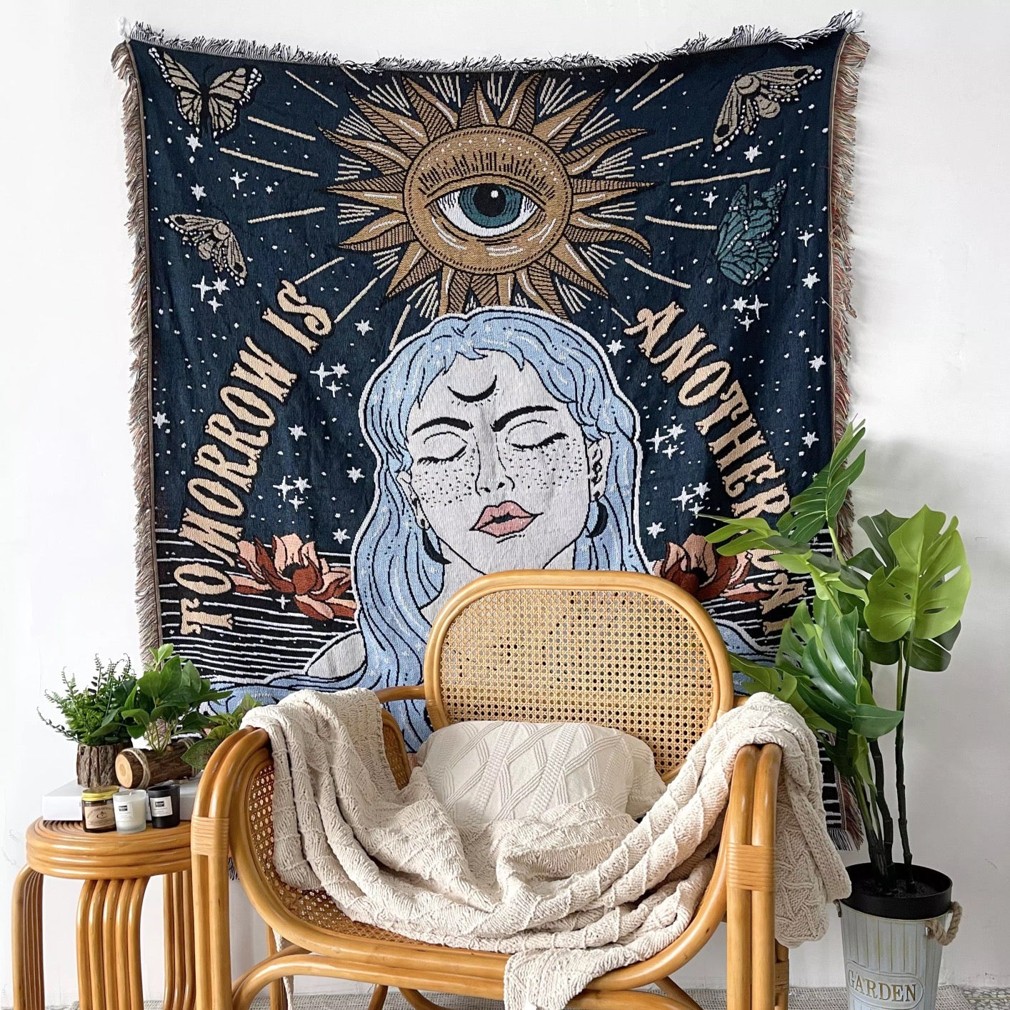 Spiritual Picture Girl with blue hairs Woven Boho Quilt Colorful Bohemian Tapestries with tassels hanging on white wall background
