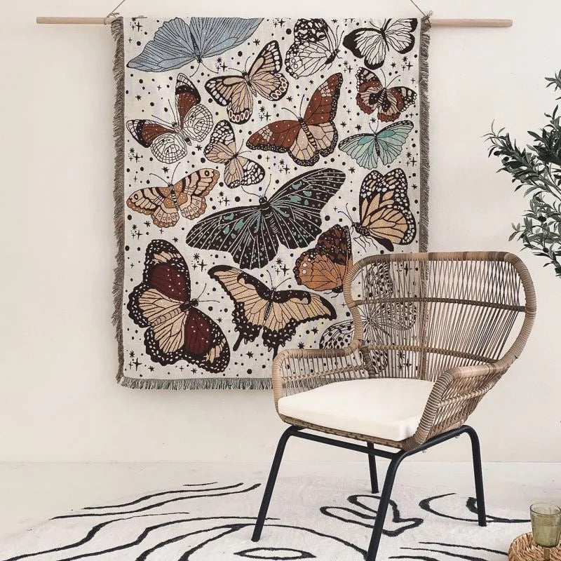 Modern Boho Wall Hanging Tapestries with Colorful Butterflies pattern hanging on the white wall