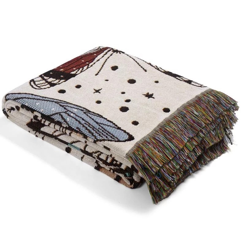 Woven Bohemian Quilt with Colorful Butterflies pattern modern boho tapestry with tassels folded