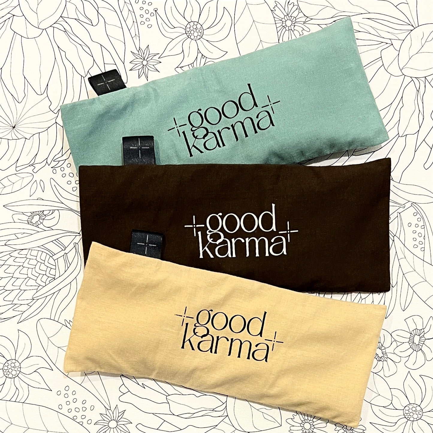 Good Karma organic flax and lavender eye pillows for meditation and relaxation 3 colors - sand beige dark chocolate brown and green aqua