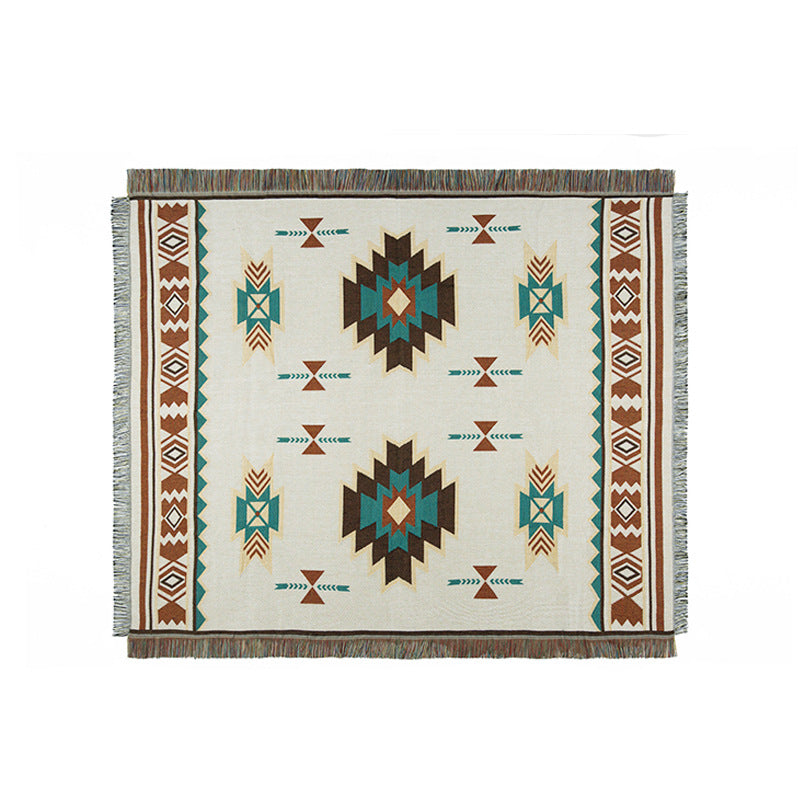 Aztec pattern Woven Boho Quilt Colorful Bohemian Tapestries with tassels on white background