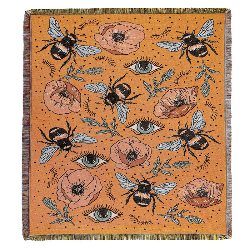 Boho Bedspread Bohemian Tapestry Woven Throw Blanket Sofa Cover Mandala Tapestry Orange color with Bees and flowers