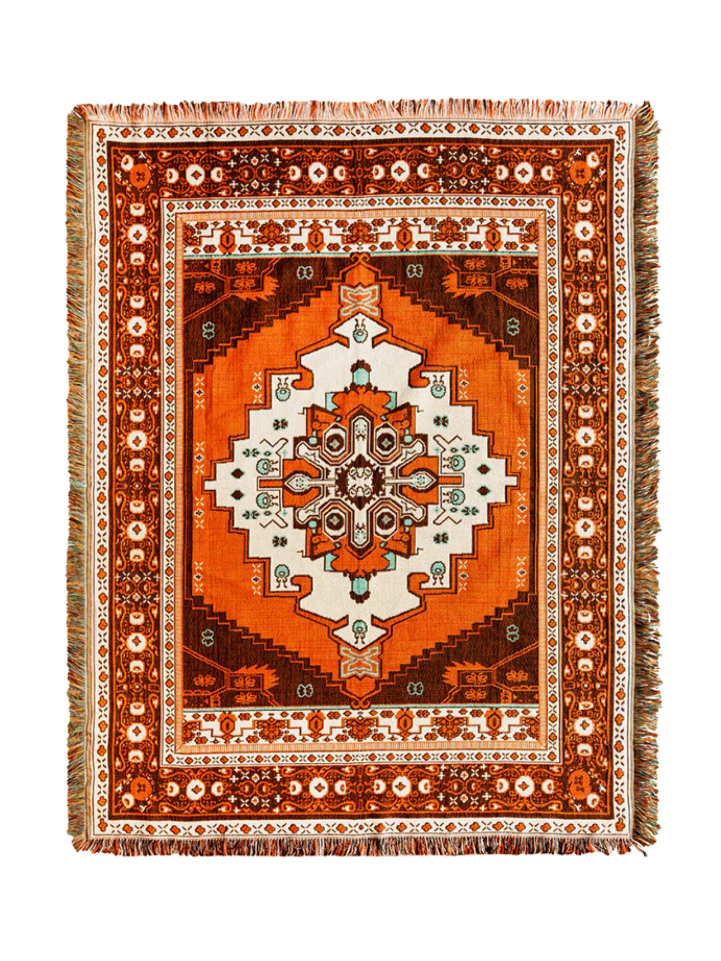 Morocan pattern Woven Boho Quilt Colorful Bohemian Tapestries with tassels on white background