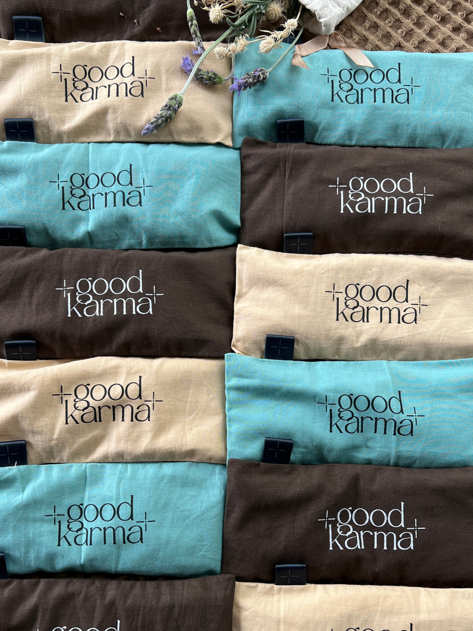Good Karma organic flax and lavender eye pillows for meditation and relaxation 3 colors - sand beige dark chocolate brown and green aqua many eye pillows masks different colors together