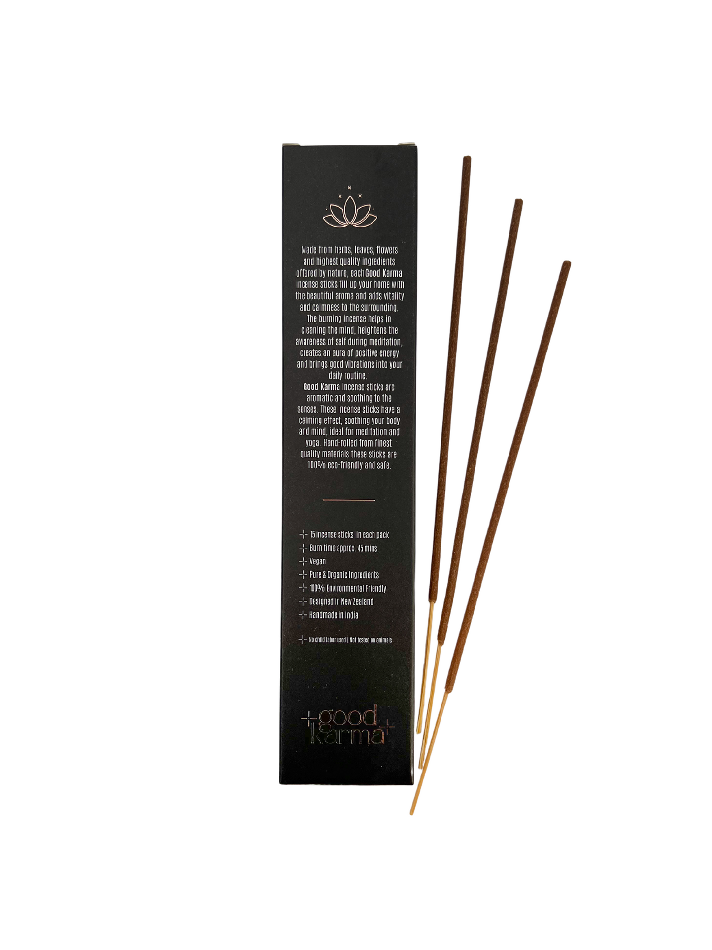 Good Karma Handmade Premium incense sticks pack back side of the box with 3 incense sticks
