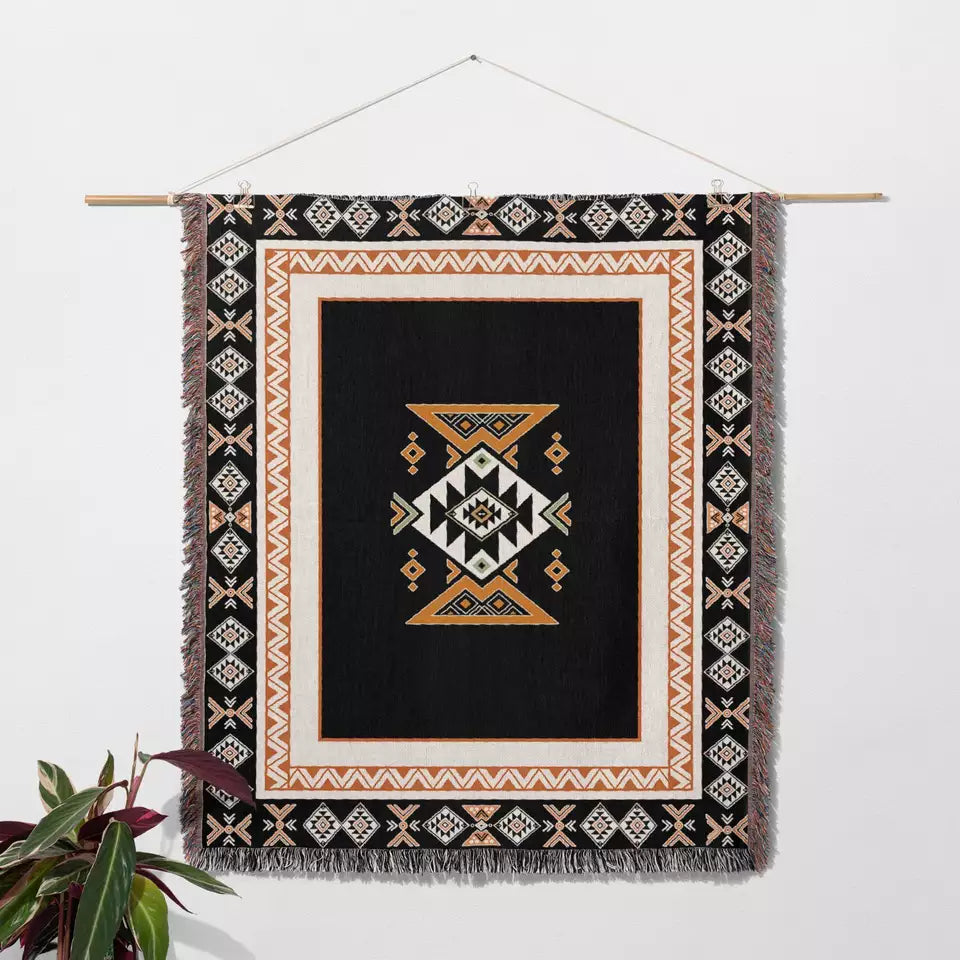 Rust Black Aztec Rug +Aztec Black+ Bohemian Beach Rug Boho Throw with Tassels Picnic Mat ...