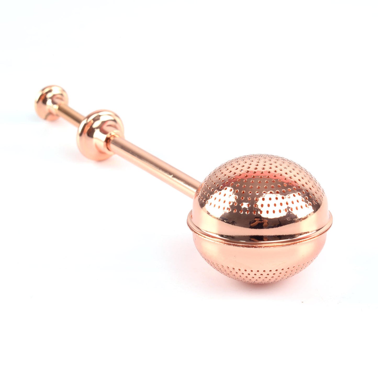 Good Karma tea infuser ball is 2-in-1 scoop and a strainer rose gold color white background