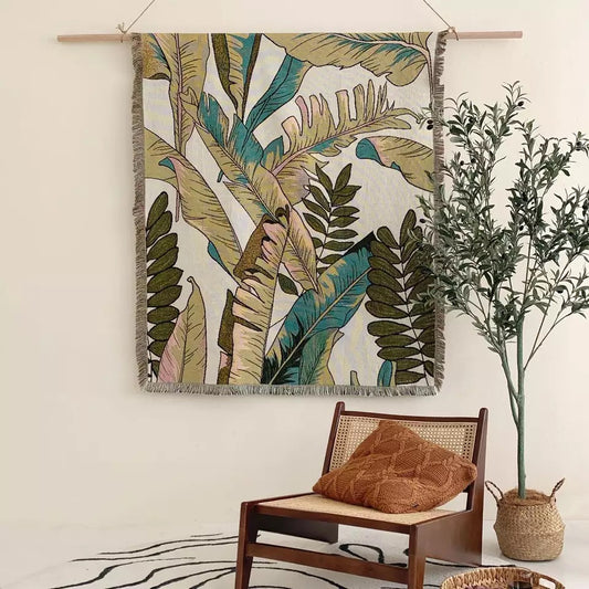 Woven Bohemian art tapestries with Big Green Leaves pattern Large boho quilt with tassels Boho Blanket with Fern and palm leaves Colorful meditation throw like wall hanging tapestries