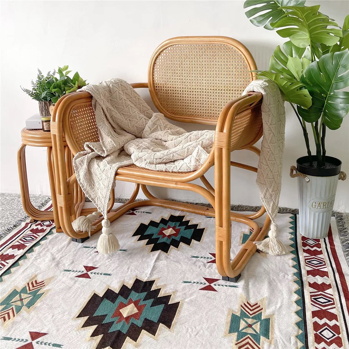 Aztec pattern Woven Boho Quilt Colorful Bohemian Tapestries with tassels on the floor like a boho rug bohemian style mat