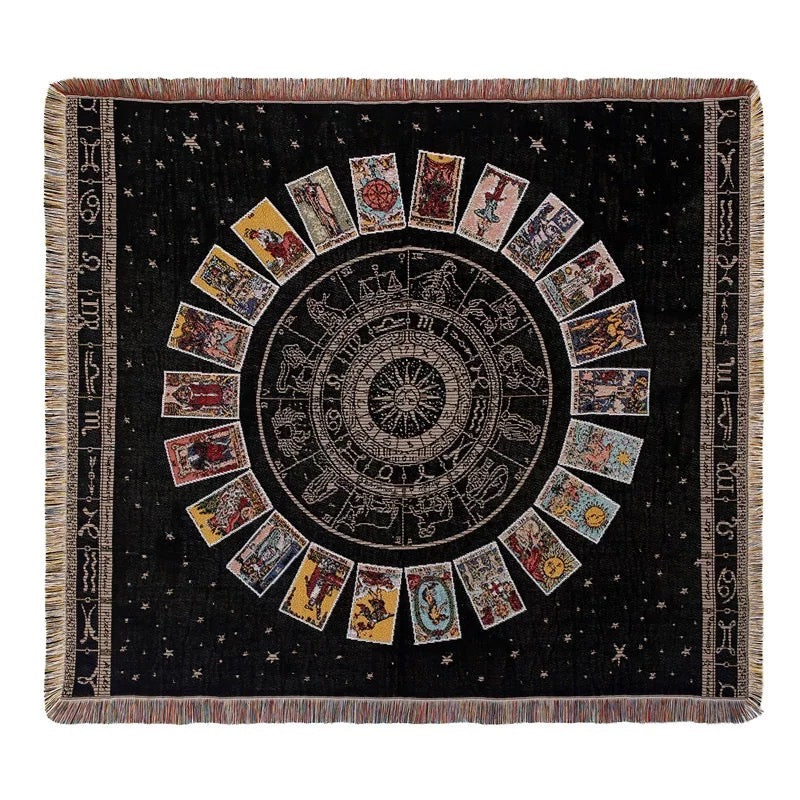 Spiritual Tarot Card pattern with black background Woven Boho Quilt Colorful Bohemian Tapestries with tassels , Boho blanket nz  boho throw nz Ideal for home decor, yoga, picnics, beach and campervan. Large boho tapestry with tassels, hippie boho wall tapestry on white color background