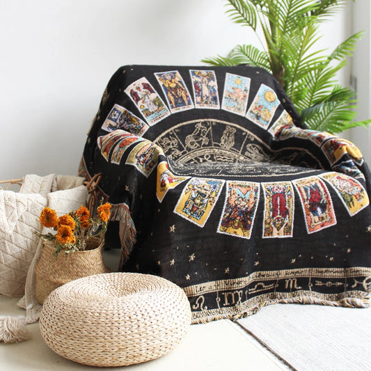 Spiritual Tarot Card pattern with black background Woven Boho Quilt Colorful Bohemian Tapestries with tassels on the chair