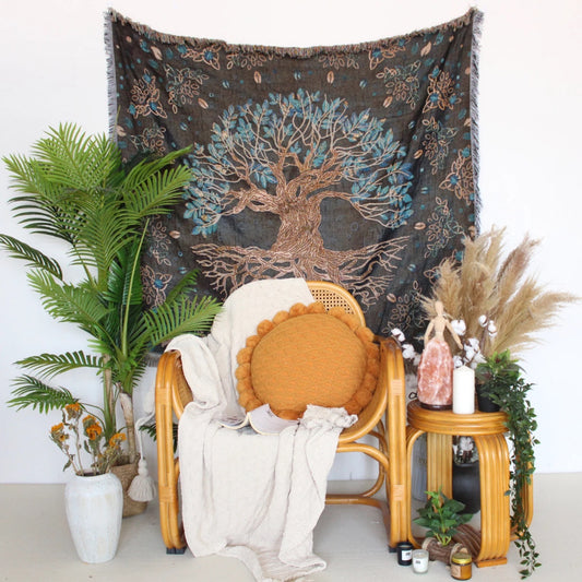 Tree Tarot pattern Woven Boho Quilt Colorful Bohemian Tapestries with tassels Spiritual Tapestry on white background wall behind the rattan chair