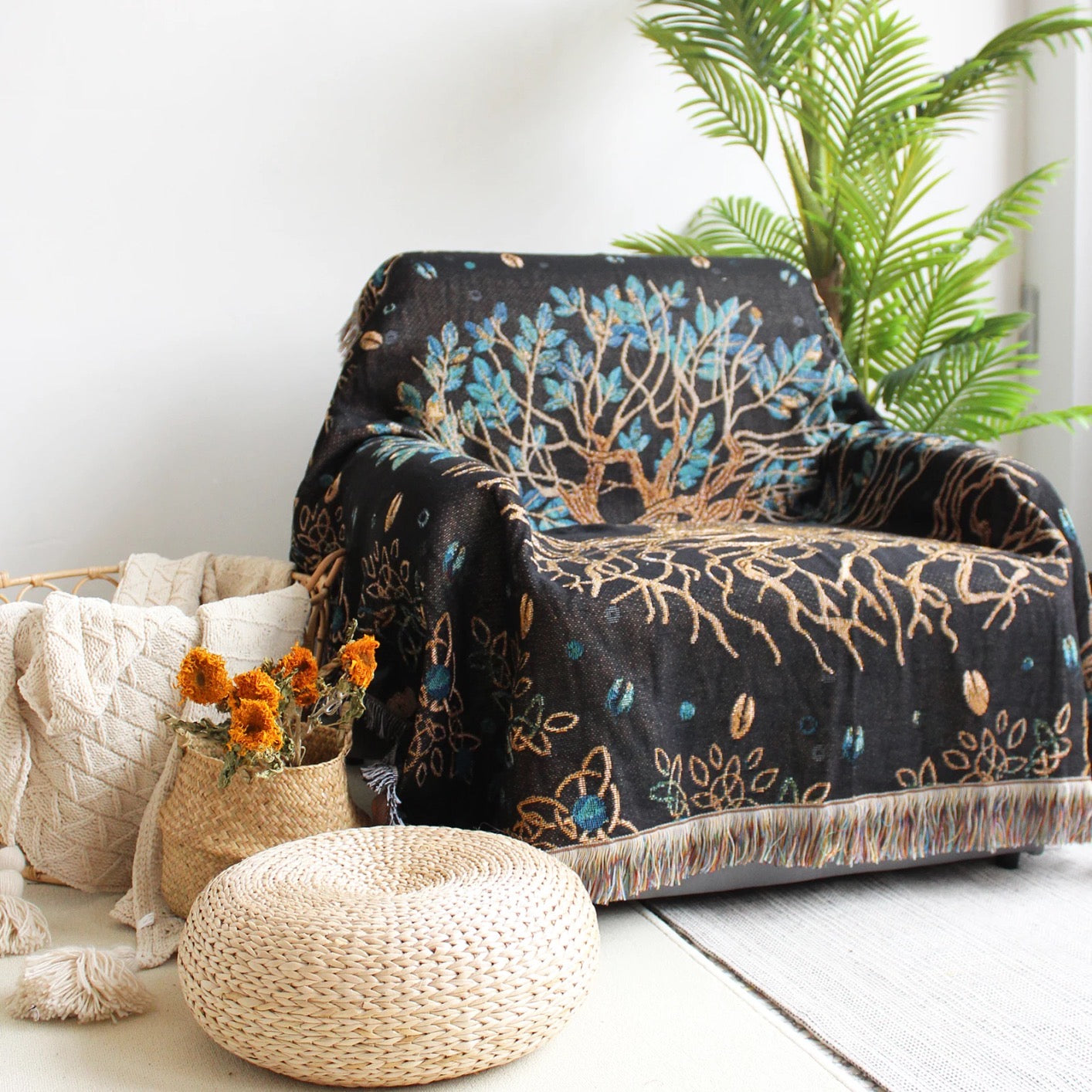 Tree Tarot pattern Woven Boho Quilt Colorful Bohemian Tapestries with tassels Spiritual Tapestry chair sofa cover