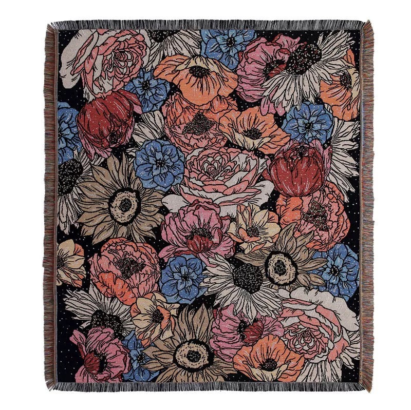 Flowers pattern on black background fabric Woven Boho Quilt Colorful Bohemian Tapestries with tassels on white background