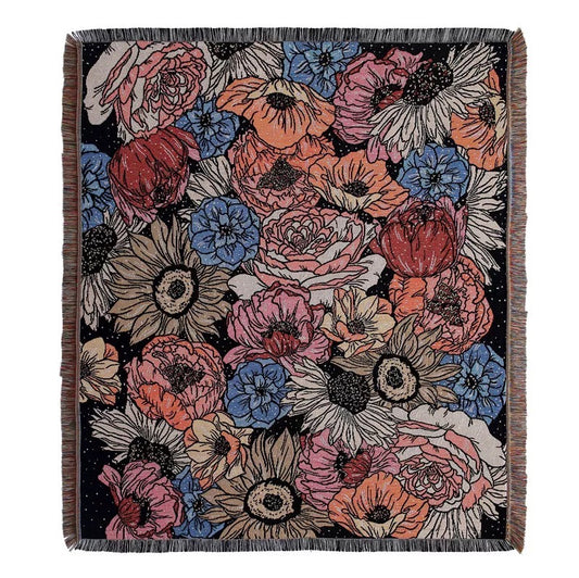 Flowers pattern on black background fabric Woven Boho Quilt Colorful Bohemian Tapestries with tassels on white background