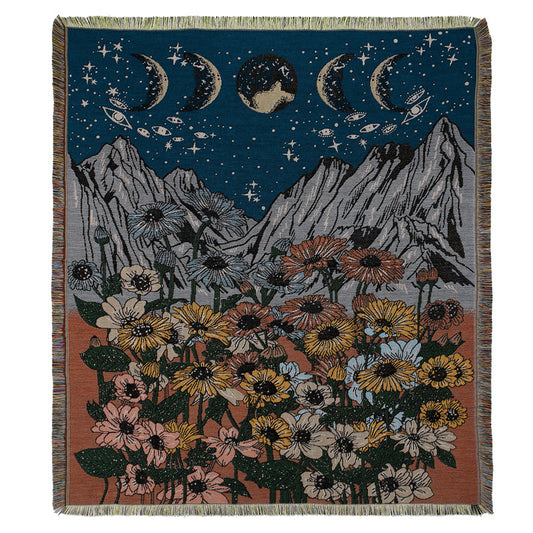 Dark blue color , mountains, moon and flowers Woven Boho Quilt Colorful Bohemian Tapestries with tassels on white background