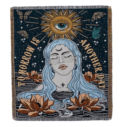 Spiritual Picture Girl with blue hairs Woven Boho Quilt Colorful Bohemian Tapestries with tassels on white background